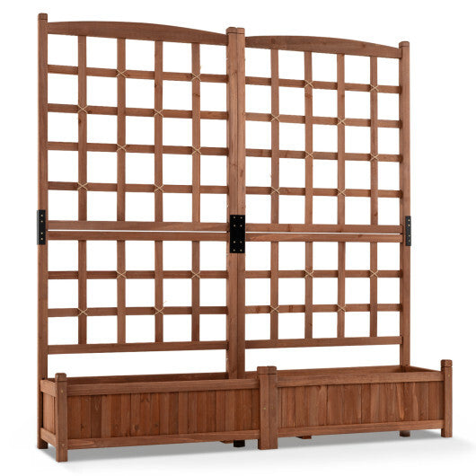 Outdoor Dual Wooden Raised Garden Bed with Trellis and Drainage Holes-Rustic Brown