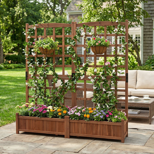 Outdoor Dual Wooden Raised Garden Bed with Trellis and Drainage Holes-Rustic Brown