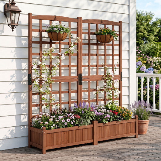 Outdoor Dual Wooden Raised Garden Bed with Trellis and Drainage Holes-Rustic Brown