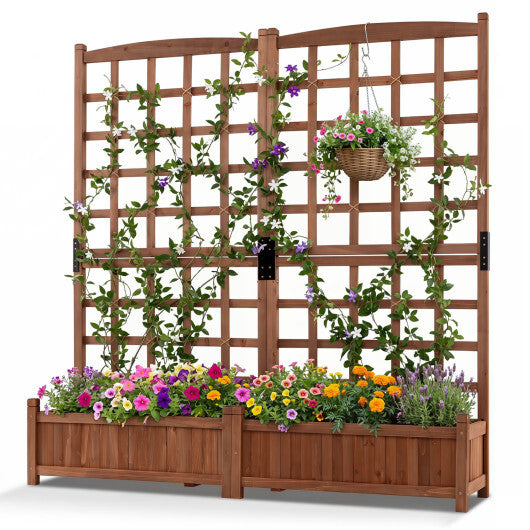 Outdoor Dual Wooden Raised Garden Bed with Trellis and Drainage Holes-Rustic Brown