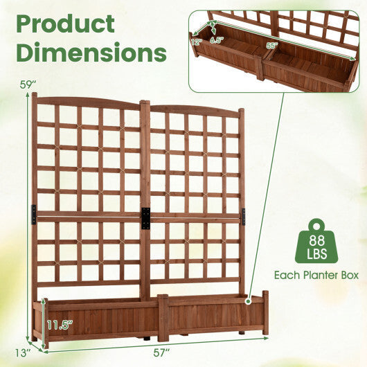 Outdoor Dual Wooden Raised Garden Bed with Trellis and Drainage Holes-Rustic Brown