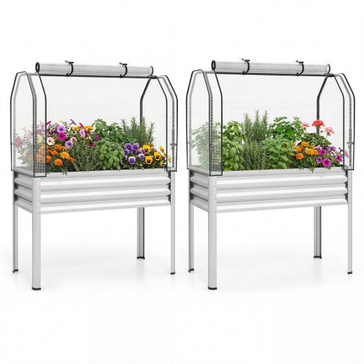 2 Pieces Galvanized Raised Garden Bed with Legs and Greenhouse Cover for Vegetable Flower-Silver