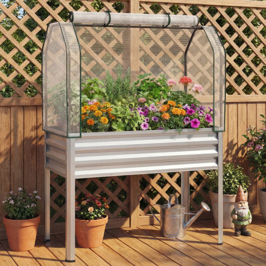 2 Pieces Galvanized Raised Garden Bed with Legs and Greenhouse Cover for Vegetable Flower-Silver