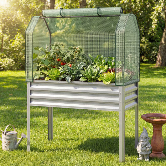 2 Pieces Galvanized Raised Garden Bed with Legs and Greenhouse Cover for Vegetable Flower-Silver