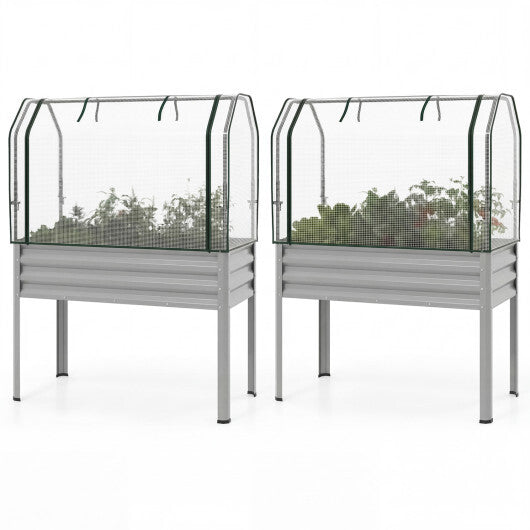 2 Pieces Galvanized Raised Garden Bed with Legs and Greenhouse Cover for Vegetable Flower-Silver