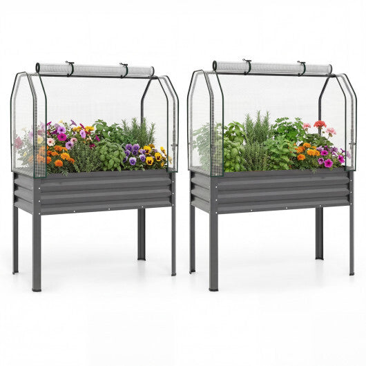 2 Pieces Galvanized Raised Garden Bed with Legs and Greenhouse Cover for Vegetable Flower-Silver