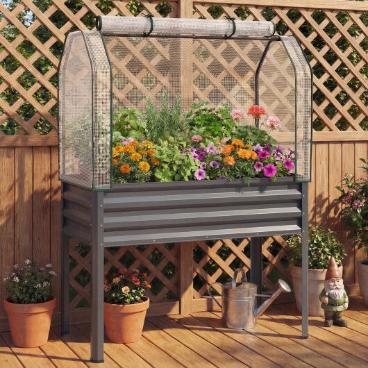 2 Pieces Galvanized Raised Garden Bed with Legs and Greenhouse Cover for Vegetable Flower-Silver
