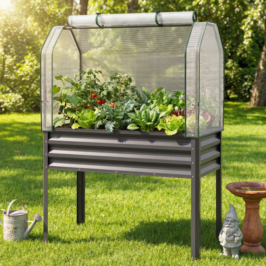 2 Pieces Galvanized Raised Garden Bed with Legs and Greenhouse Cover for Vegetable Flower-Silver