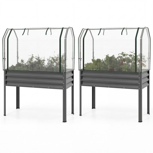 2 Pieces Galvanized Raised Garden Bed with Legs and Greenhouse Cover for Vegetable Flower-Silver
