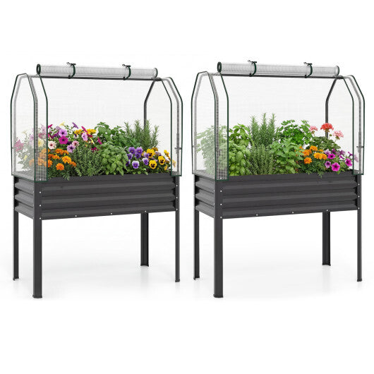 2 Pieces Galvanized Raised Garden Bed with Legs and Greenhouse Cover for Vegetable Flower-Silver