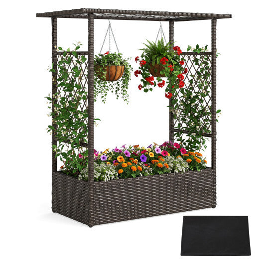 2-in-1 Raised Garden Bed with Hanging Roof and Trellises-Brown
