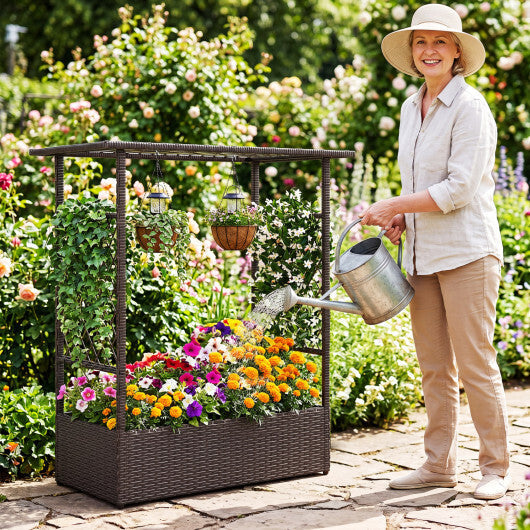2-in-1 Raised Garden Bed with Hanging Roof and Trellises-Brown