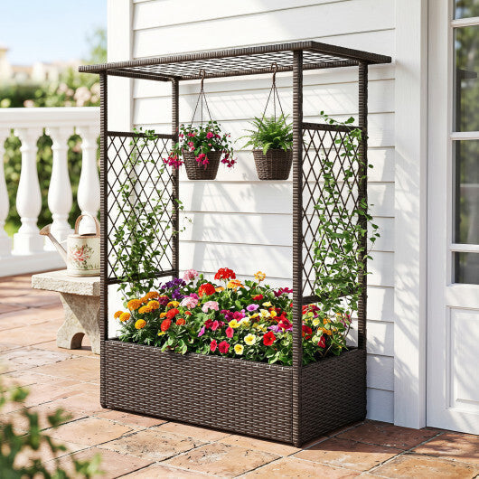 2-in-1 Raised Garden Bed with Hanging Roof and Trellises-Brown
