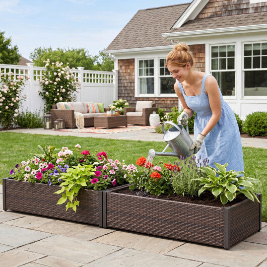 PE Rattan Elevated Raised Garden Bed with Open-Ended Base-Brown
