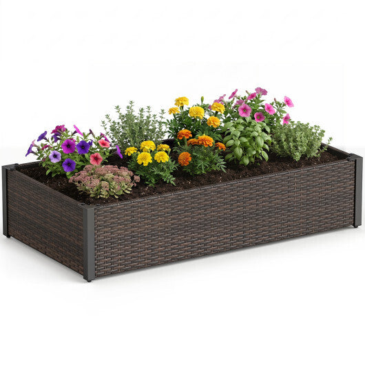 PE Rattan Elevated Raised Garden Bed with Open-Ended Base-Brown