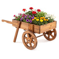 Wooden Wagon Planter with Wheels for Indoor and Outdoor Use-Brown