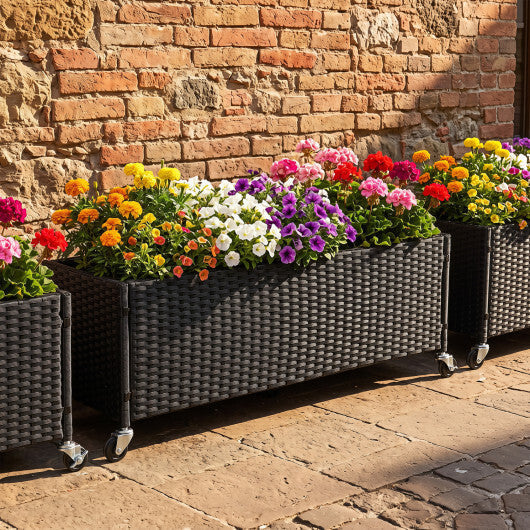 Raised Garden Bed PE Rattan Wicker Patio Planter Box with Liner and Wheels
