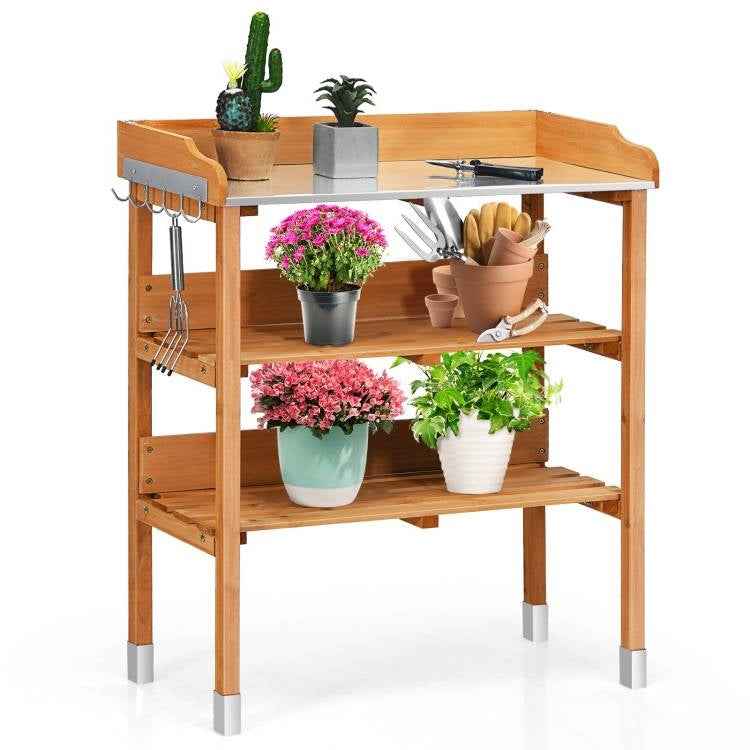 Solid Wood Outdoor Garden Potting Table with Bottom Storage Shelves and Metal Top