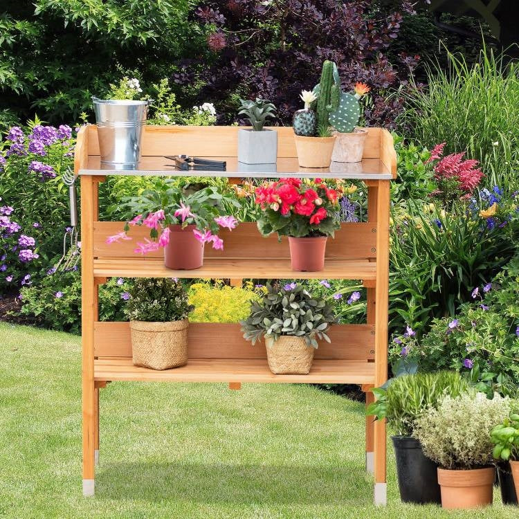 Solid Wood Outdoor Garden Potting Table with Bottom Storage Shelves and Metal Top