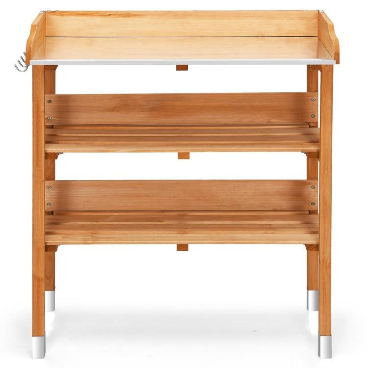 Solid Wood Outdoor Garden Potting Table with Bottom Storage Shelves and Metal Top