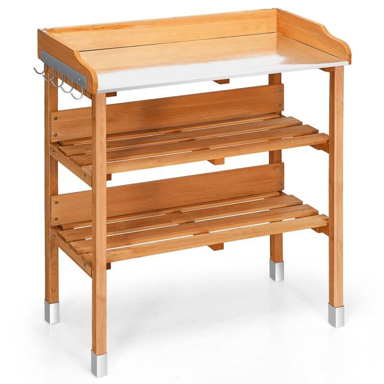 Solid Wood Outdoor Garden Potting Table with Bottom Storage Shelves and Metal Top