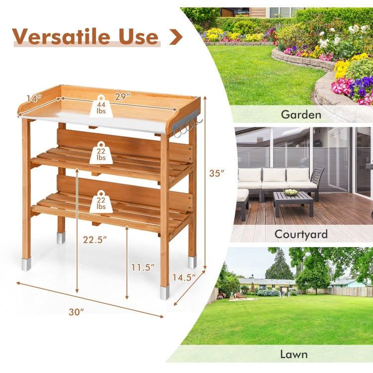 Solid Wood Outdoor Garden Potting Table with Bottom Storage Shelves and Metal Top