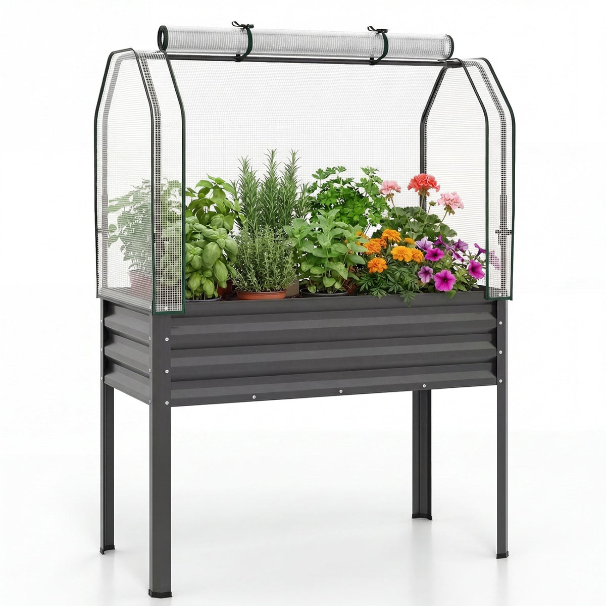 Galvanized Raised Garden Bed with Legs and Greenhouse Cover for Vegetable Flower