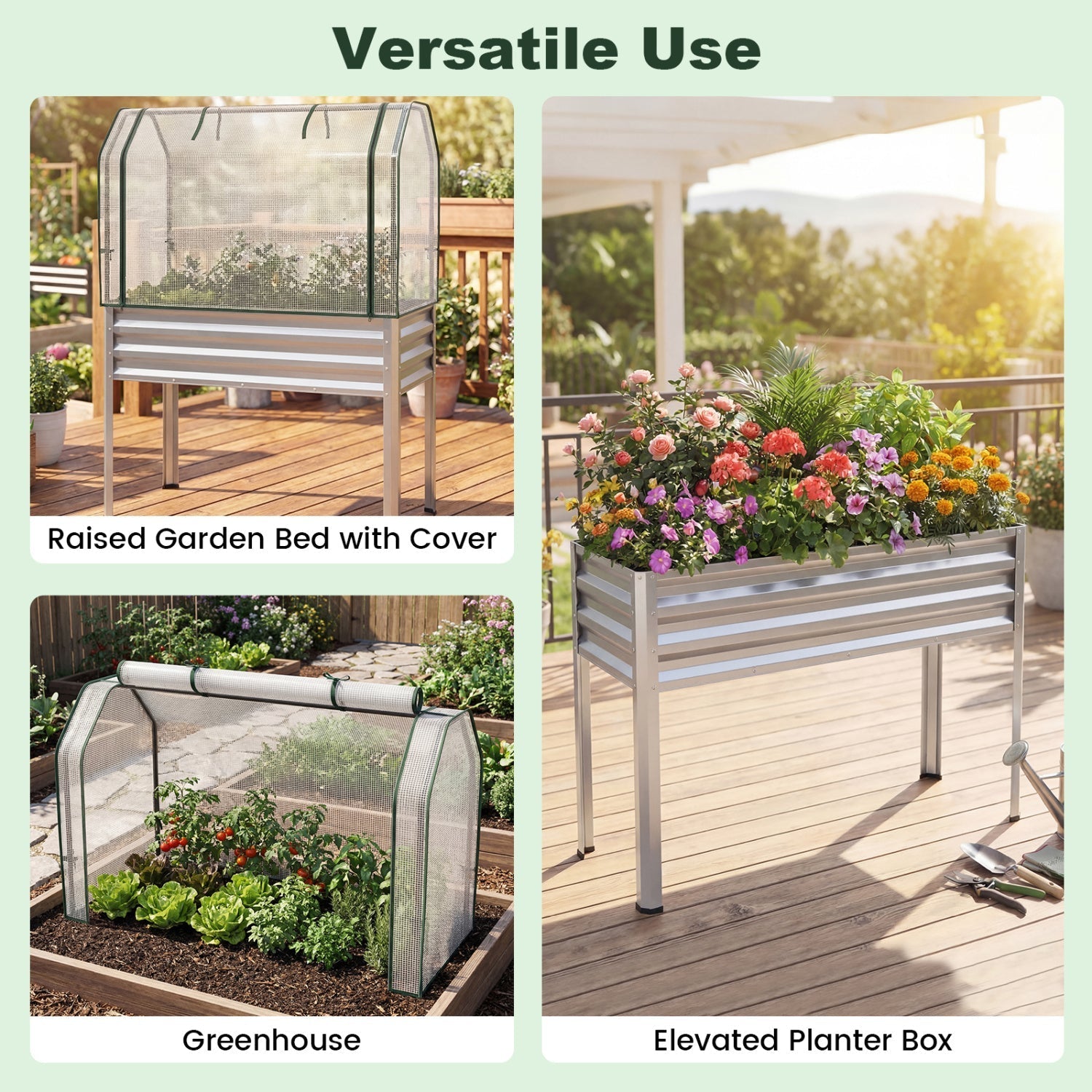 Galvanized Raised Garden Bed with Legs and Greenhouse Cover for Vegetable Flower