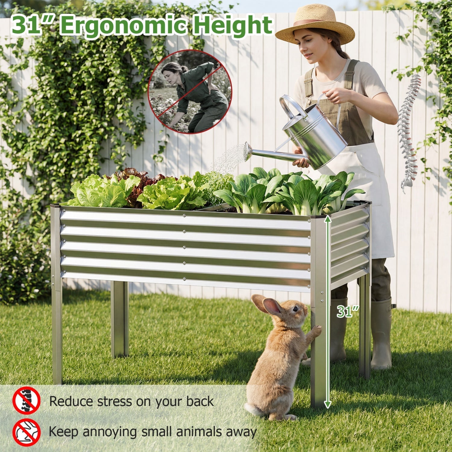 Galvanized Raised Garden Bed with Legs 46" x 24" x 31" Metal Elevated Planter Box