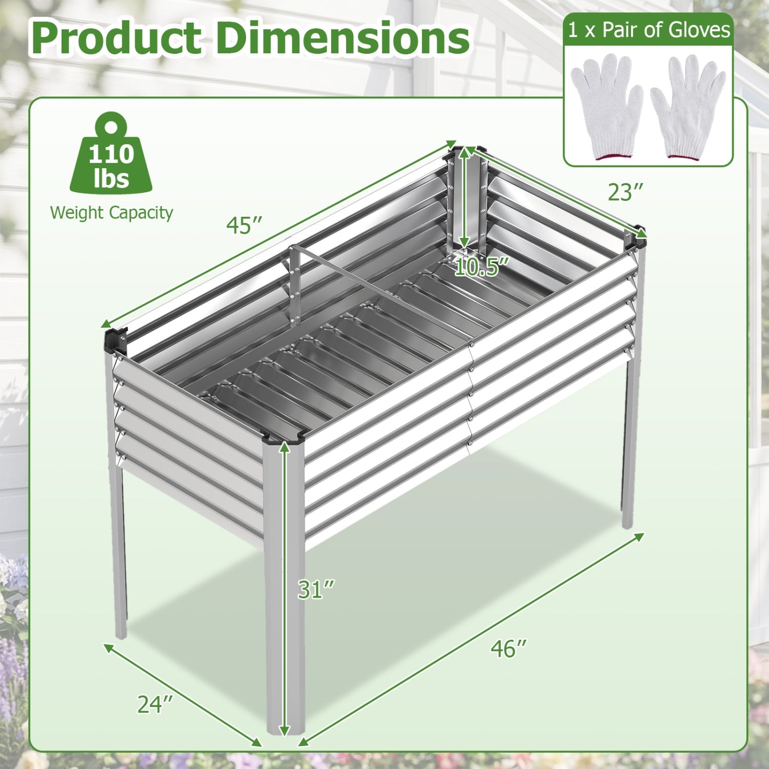Galvanized Raised Garden Bed with Legs 46" x 24" x 31" Metal Elevated Planter Box