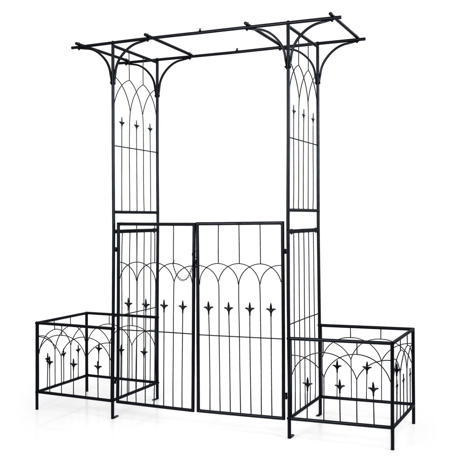 Garden Arbor with Gate and Planter Boxes Heavy Duty Metal Arch with Side Trellis