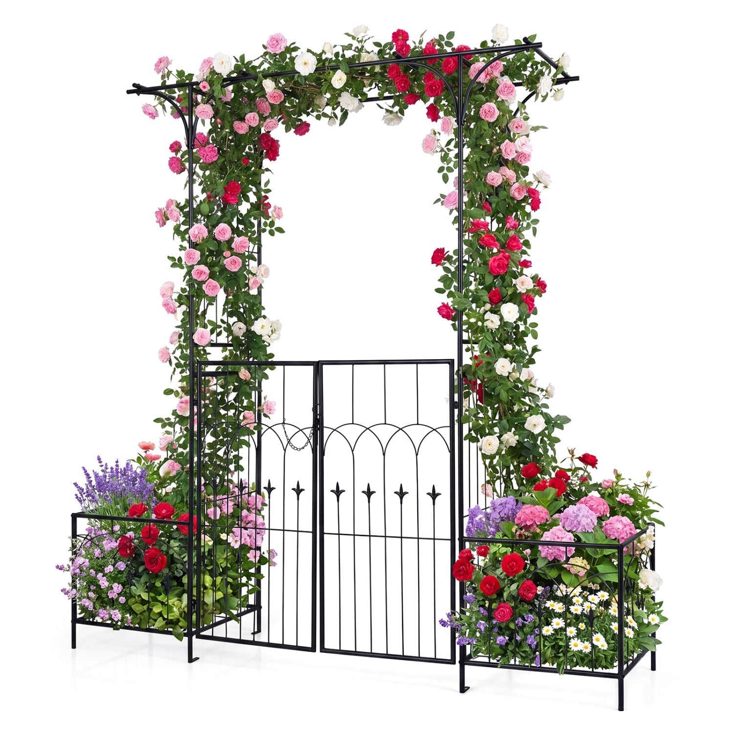 Garden Arbor with Gate and Planter Boxes Heavy Duty Metal Arch with Side Trellis