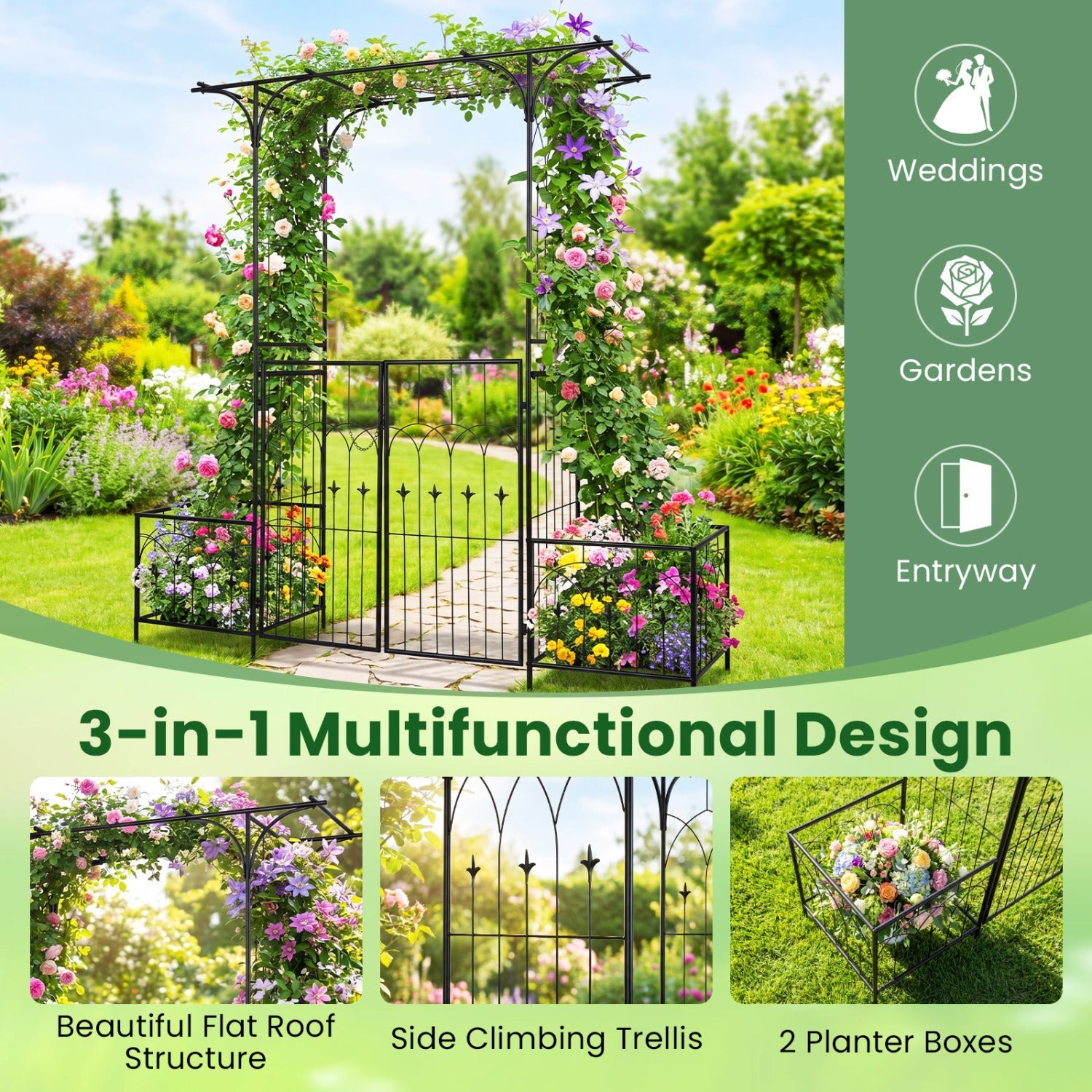 Garden Arbor with Gate and Planter Boxes Heavy Duty Metal Arch with Side Trellis