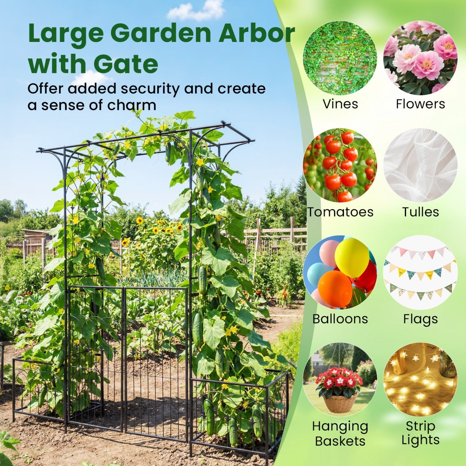 Garden Arbor with Gate and Planter Boxes Heavy Duty Metal Arch with Side Trellis