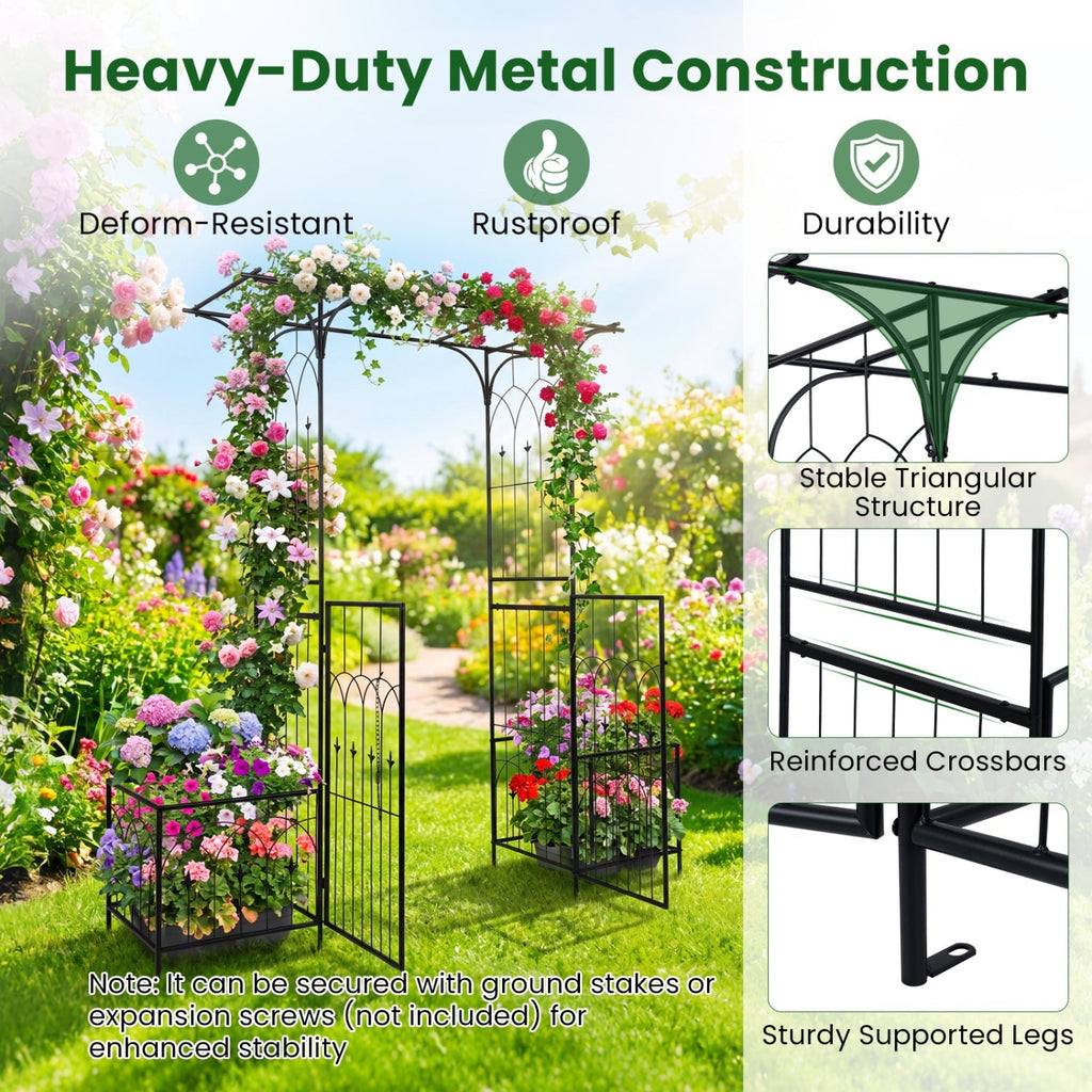 Garden Arbor with Gate and Planter Boxes Heavy Duty Metal Arch with Side Trellis
