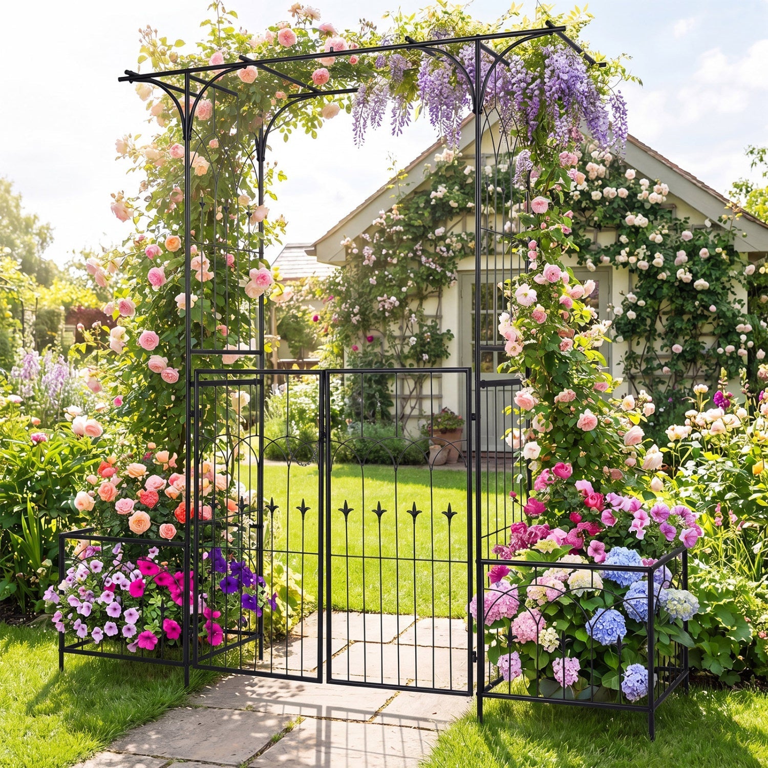 Garden Arbor with Gate and Planter Boxes Heavy Duty Metal Arch with Side Trellis