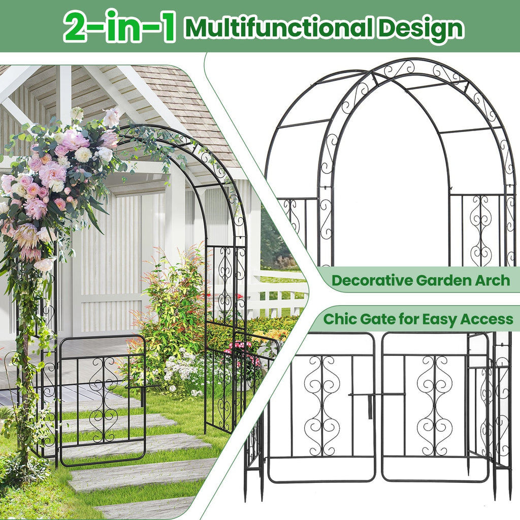 Garden Arbor with Gate with Multiple Side Crossbars and 4 Sharp Ground Stakes-Black