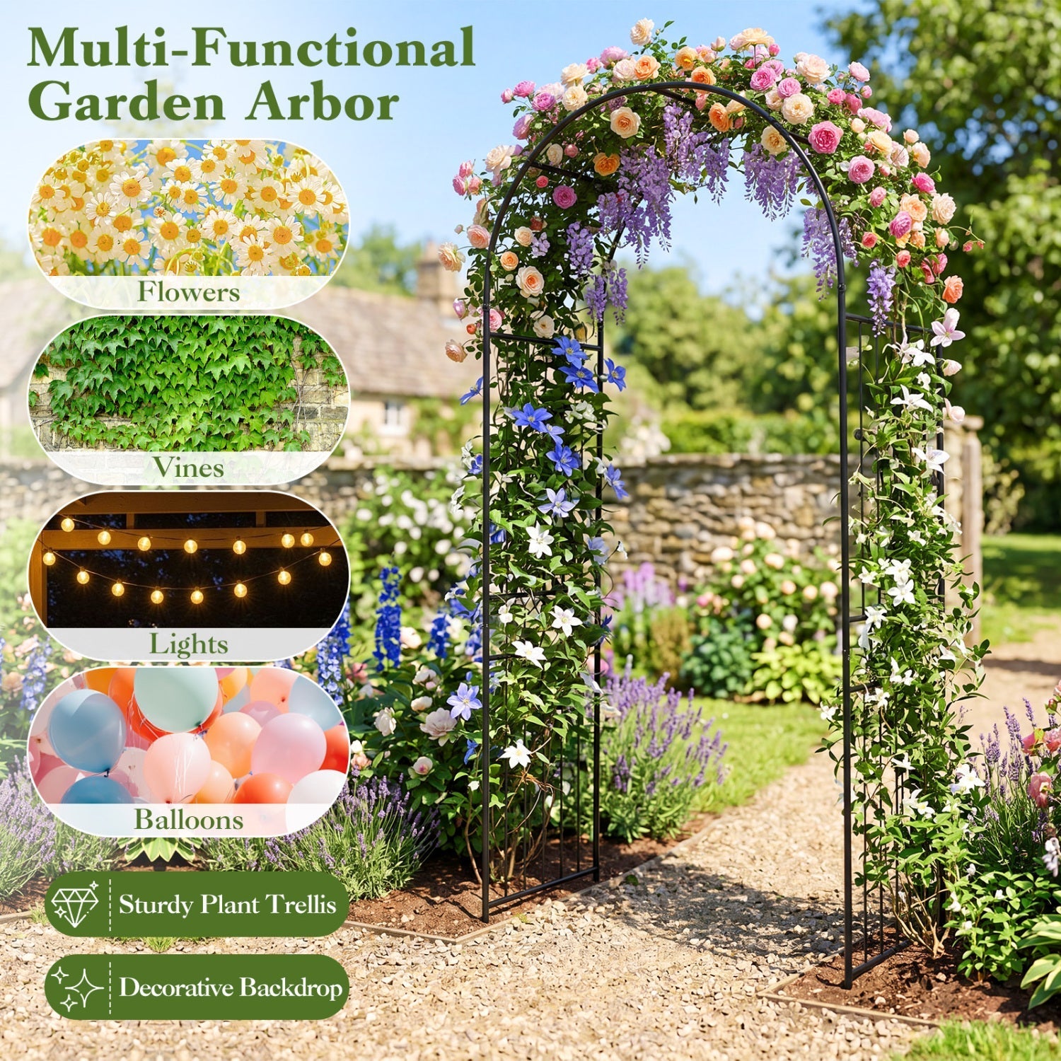 Garden Arch 87 Inches Tall Heavy Duty Metal Arbor Trellis Archway for Climbing Plants