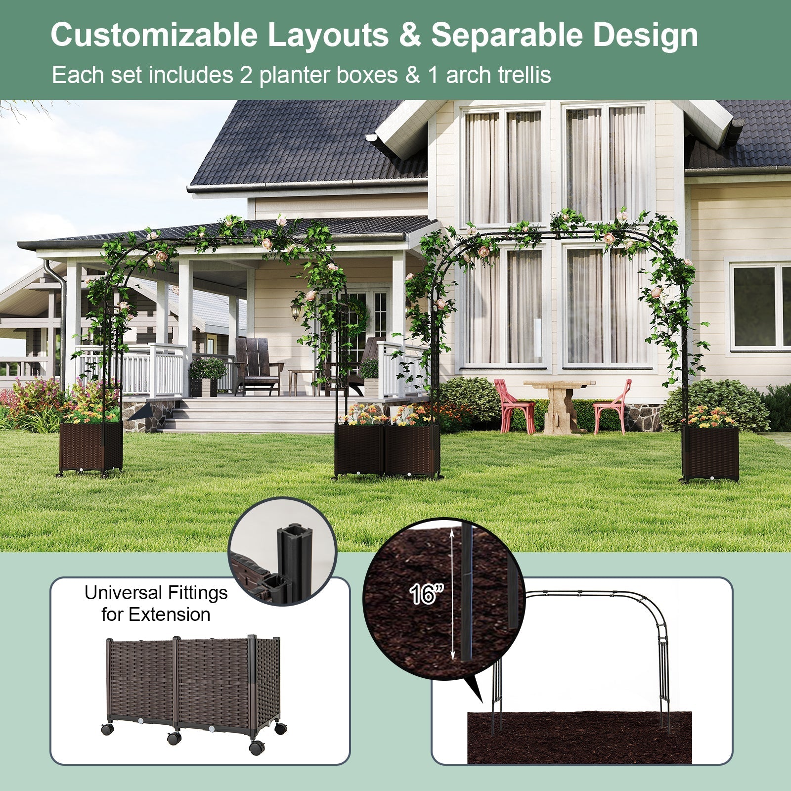 6.6 Feet Garden Arch Trellis with 2 Planter Boxes and Lockable Wheels-Black