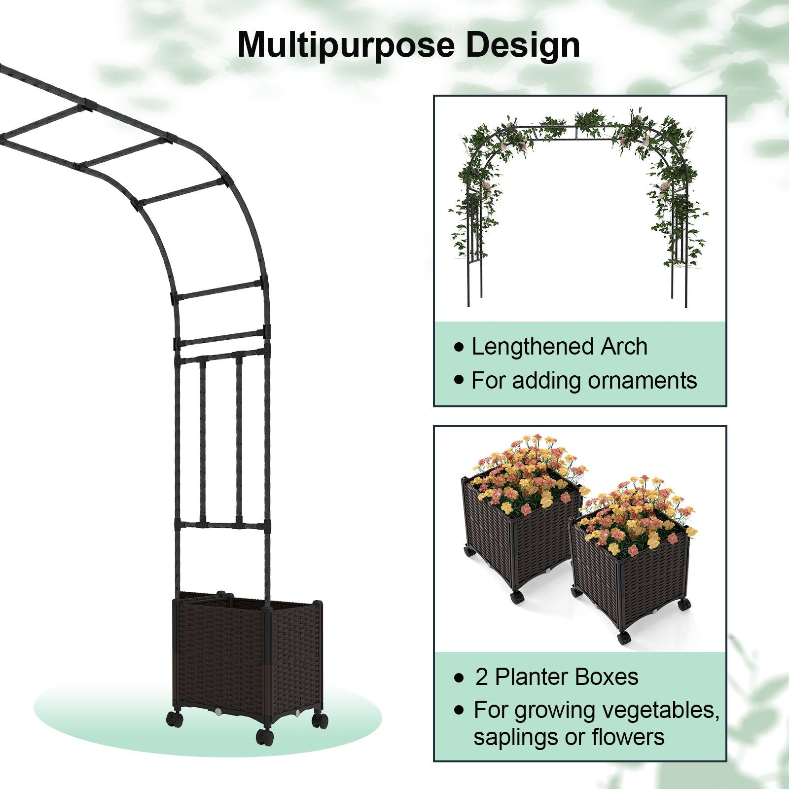 6.6 Feet Garden Arch Trellis with 2 Planter Boxes and Lockable Wheels-Black