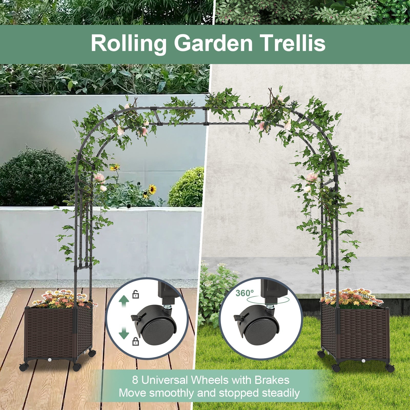 6.6 Feet Garden Arch Trellis with 2 Planter Boxes and Lockable Wheels-Black