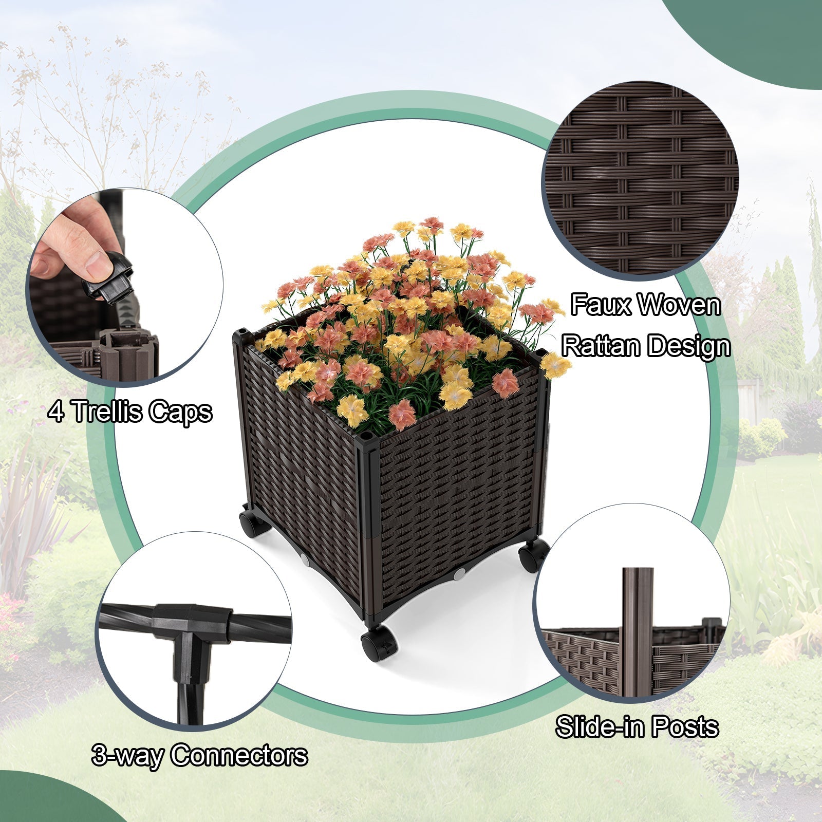 6.6 Feet Garden Arch Trellis with 2 Planter Boxes and Lockable Wheels-Black