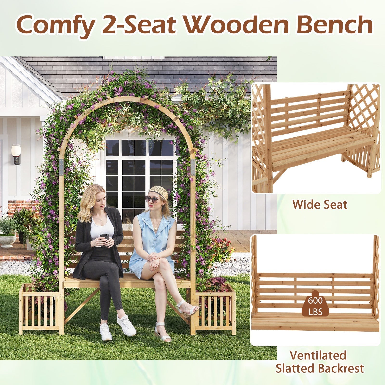 Garden Bench Arbor Arch Wooden Garden Arbor for Climbing Plants-Natural