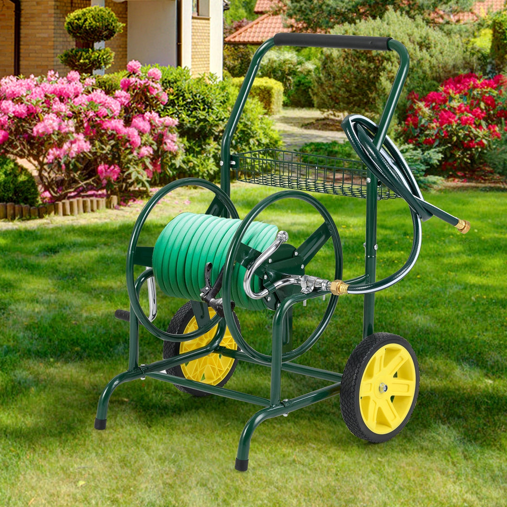 Garden Hose Reel Cart with 2 Wheels and Storage Basket