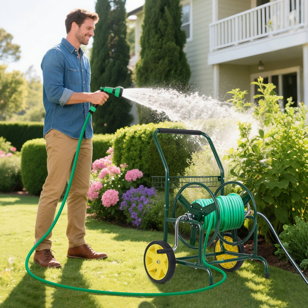 Garden Hose Reel Cart with 2 Wheels and Storage Basket