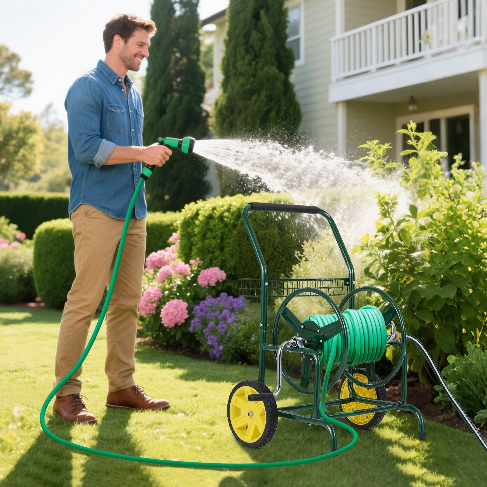 Garden Hose Reel Cart with 2 Wheels and Storage Basket
