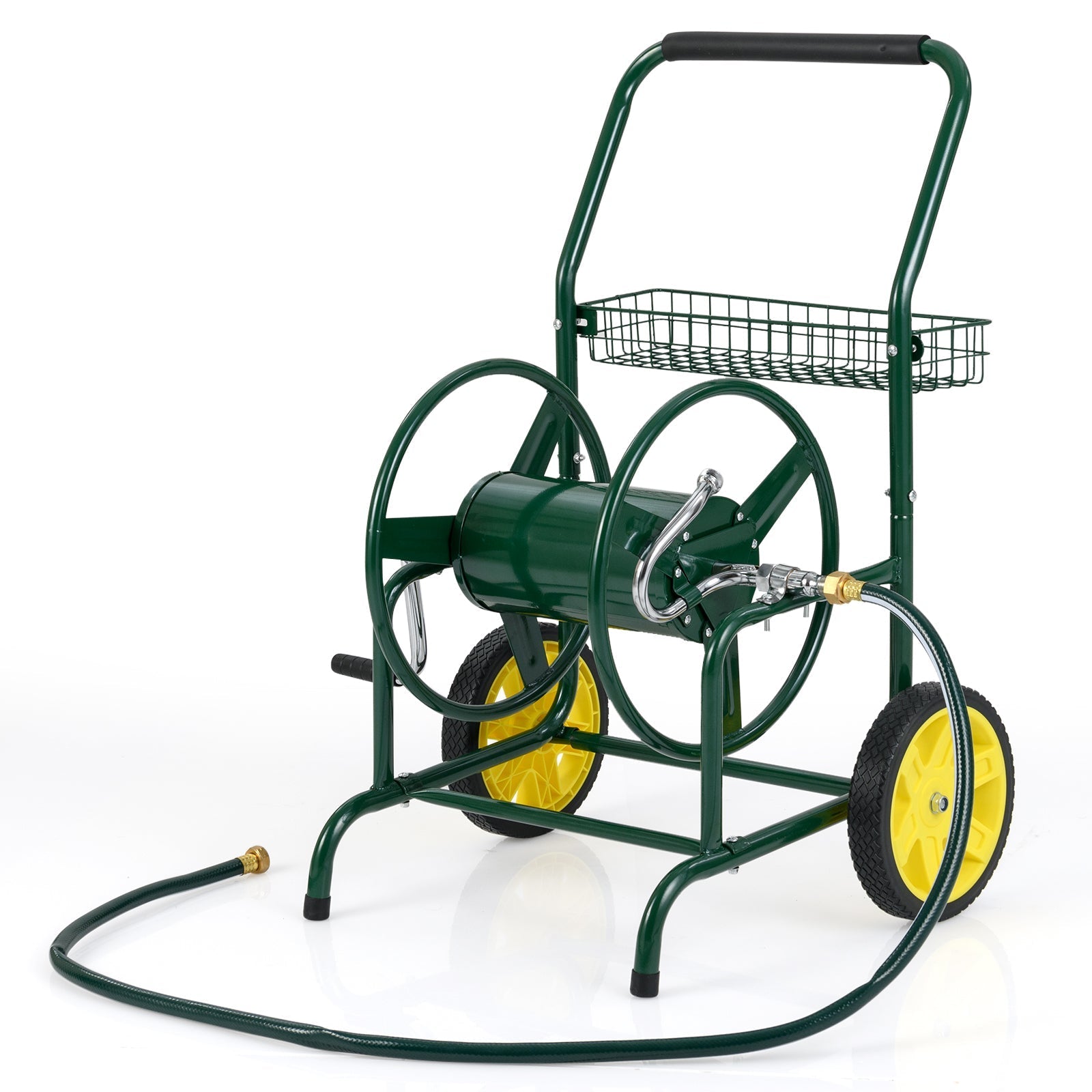 Garden Hose Reel Cart with 2 Wheels and Storage Basket