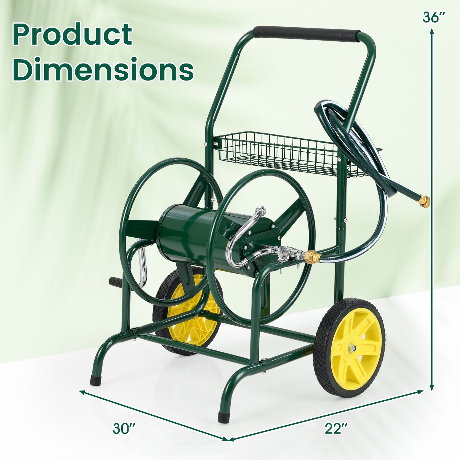 Garden Hose Reel Cart with 2 Wheels and Storage Basket