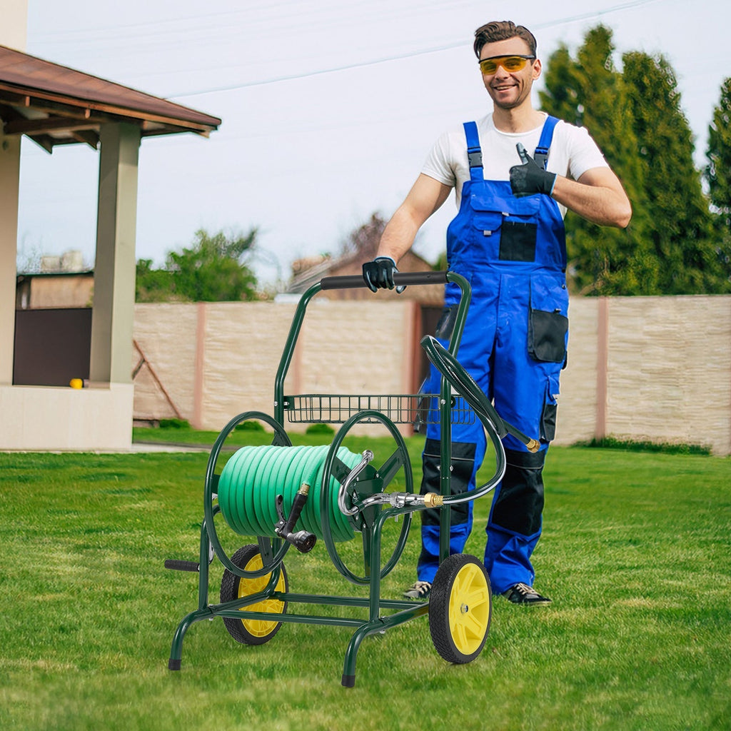 Garden Hose Reel Cart with 2 Wheels and Storage Basket