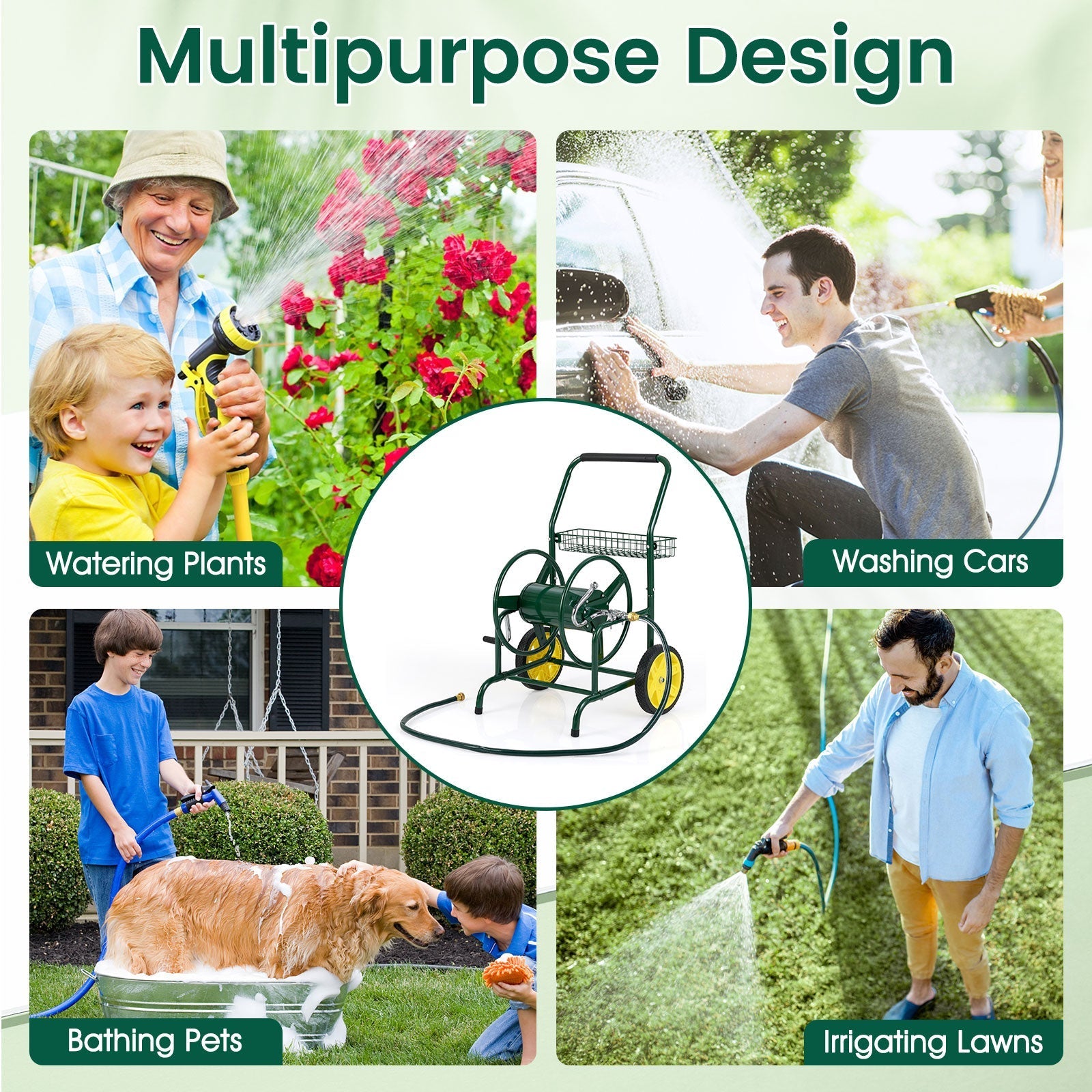 Garden Hose Reel Cart with 2 Wheels and Storage Basket